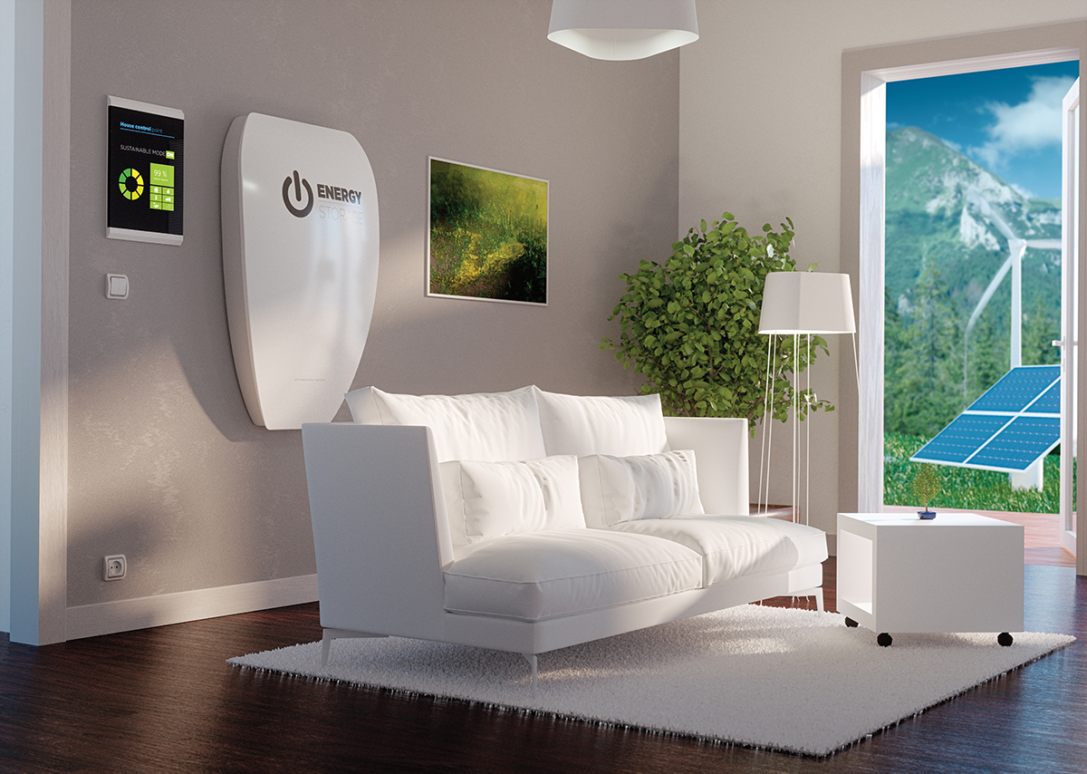 3d rendering of modern house interior with independent energy storage battery system.