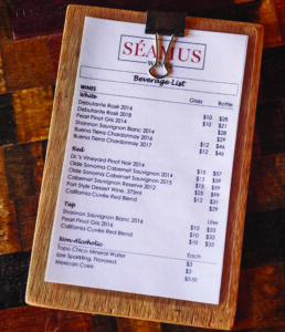 Seamus Wines, Seamus Wines Wine List